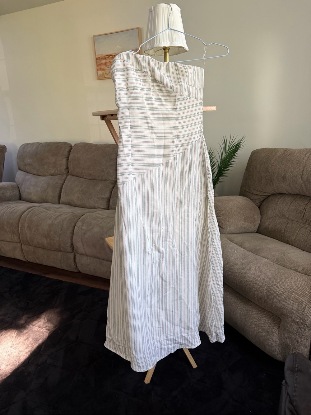 Striped strapless Maxi/ Midi Dress in Light Neutral Stripes